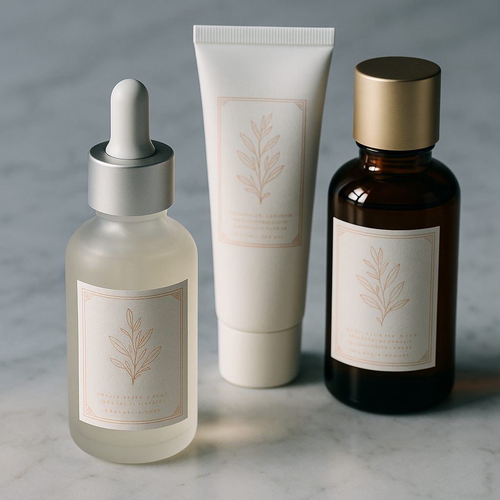 Cosmetic bottles and tubes with foil-accented printed labels