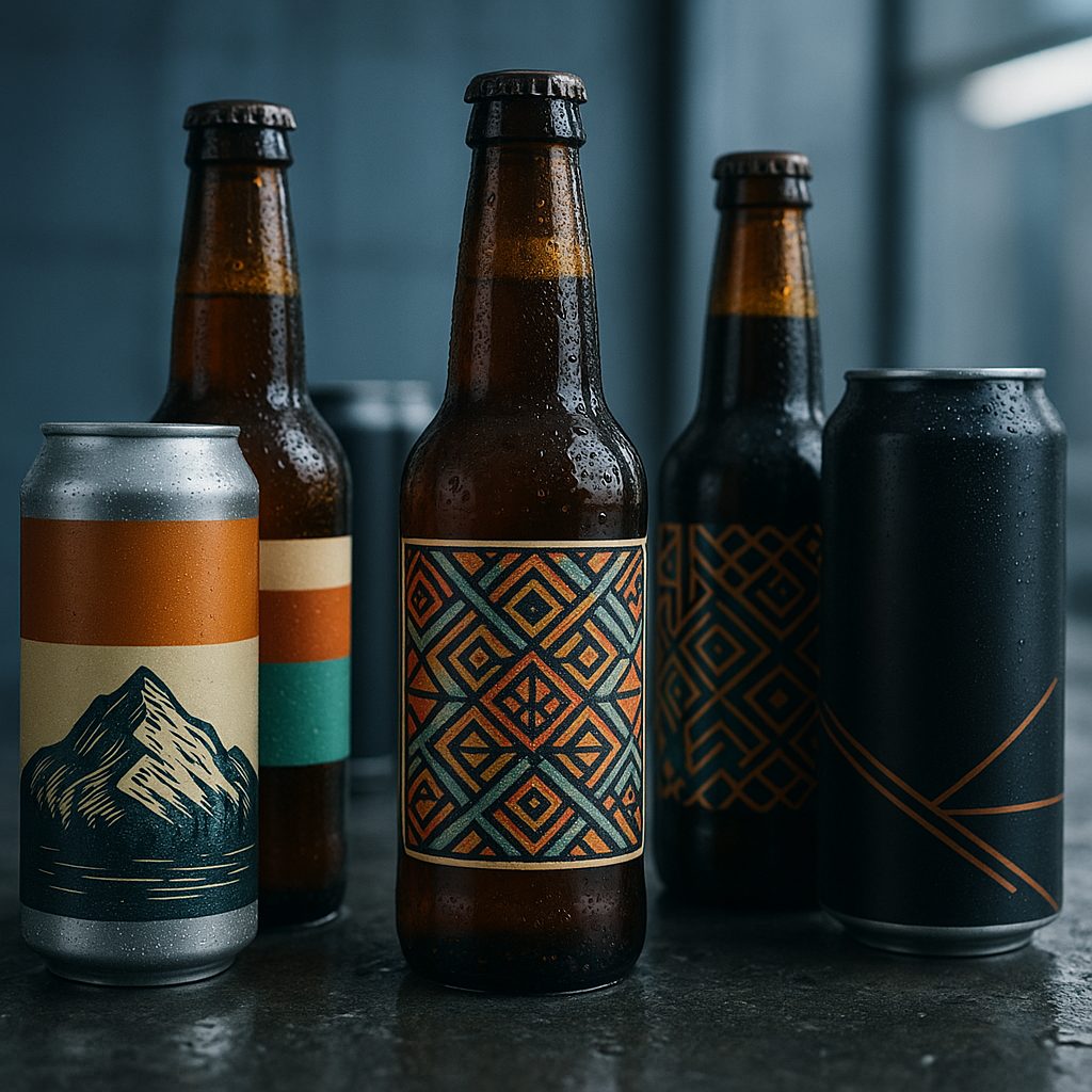 Craft beer bottles and cans with printed labels
