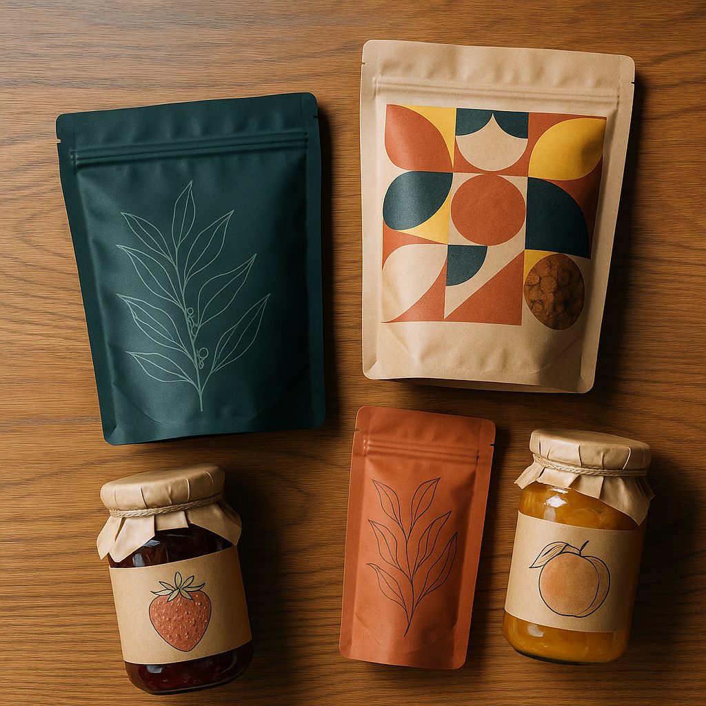 Printed stand-up pouches and labelled jars