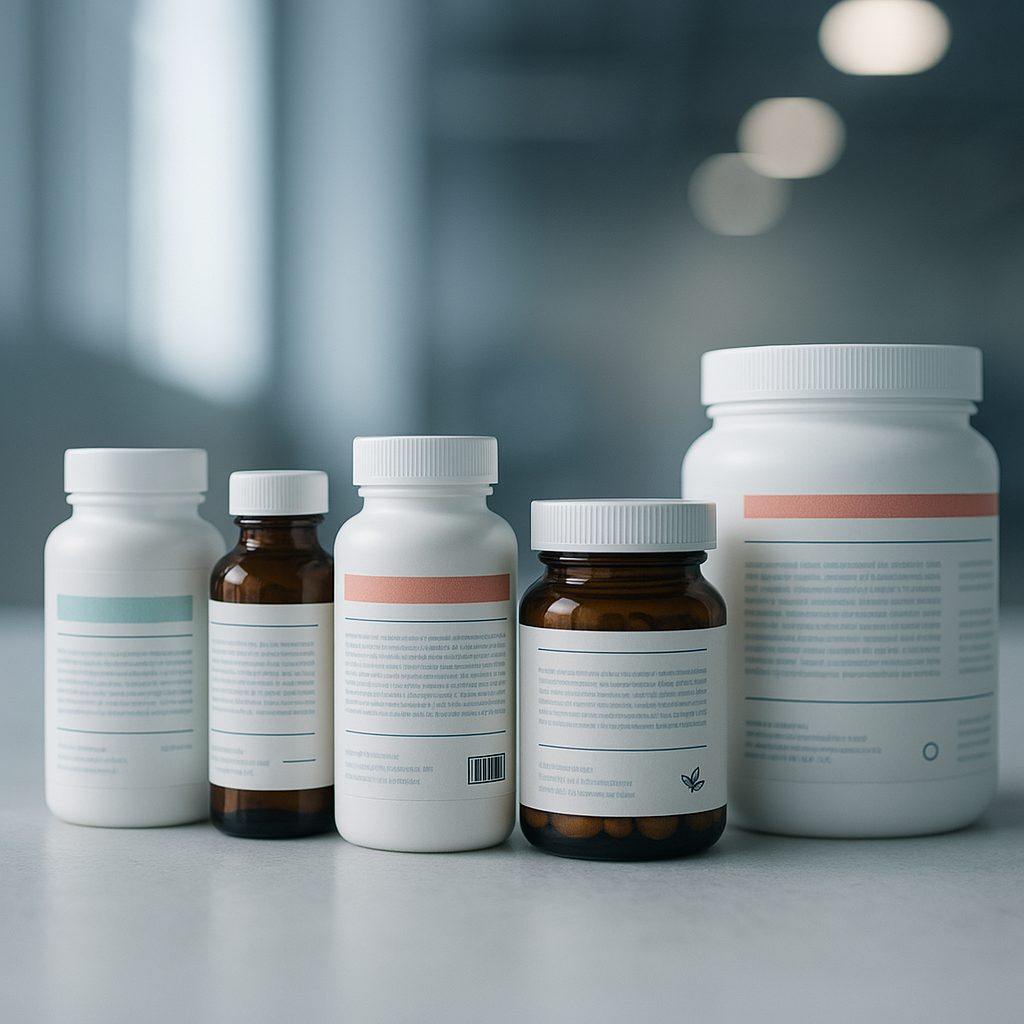 Supplement bottles and jars with printed clinical labels