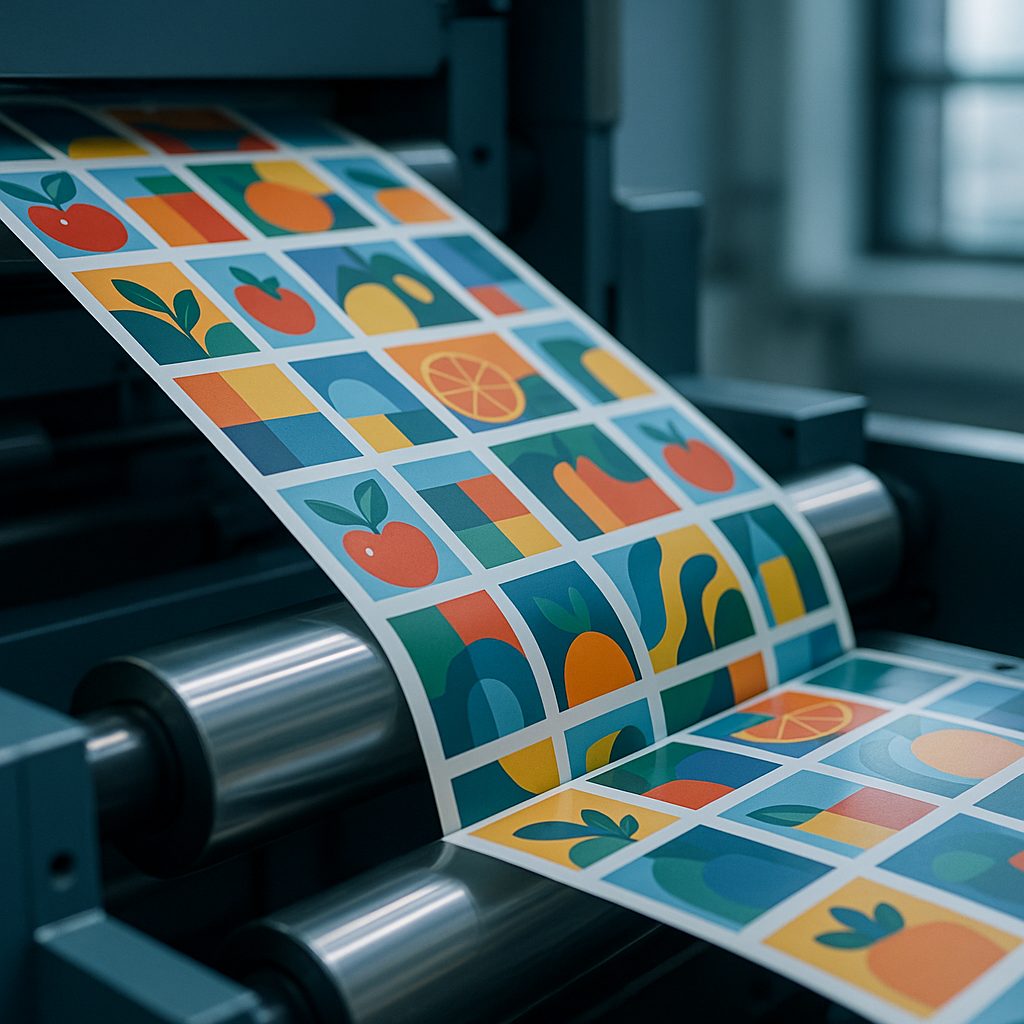 Printed label web running over the rollers of a digital press